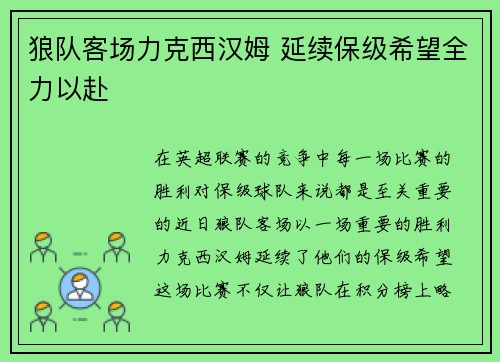 狼队客场力克西汉姆 延续保级希望全力以赴