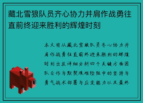 藏北雪狼队员齐心协力并肩作战勇往直前终迎来胜利的辉煌时刻