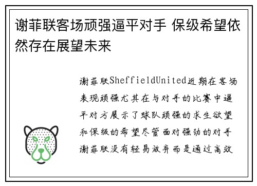 谢菲联客场顽强逼平对手 保级希望依然存在展望未来