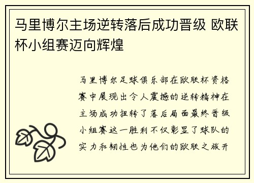 马里博尔主场逆转落后成功晋级 欧联杯小组赛迈向辉煌