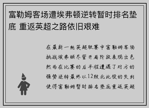 富勒姆客场遭埃弗顿逆转暂时排名垫底 重返英超之路依旧艰难